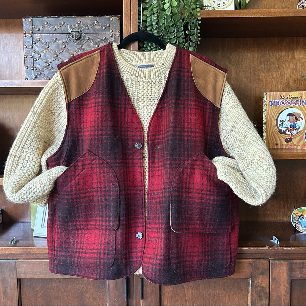 Vintage Red Plaid Hunting Shooting Vest 100% wool leather cabincore grandpa